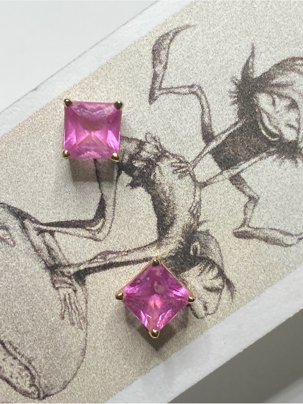 14K Yellow Gold Pink Sapphire Square Stud Post Earrings - Picture 4 of 8
